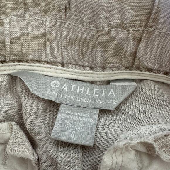 Athleta Cream & Tan Camo Cabo Print Tied Linen Jogger Pant Zip Front Pockets 4 - Picture 10 of 15